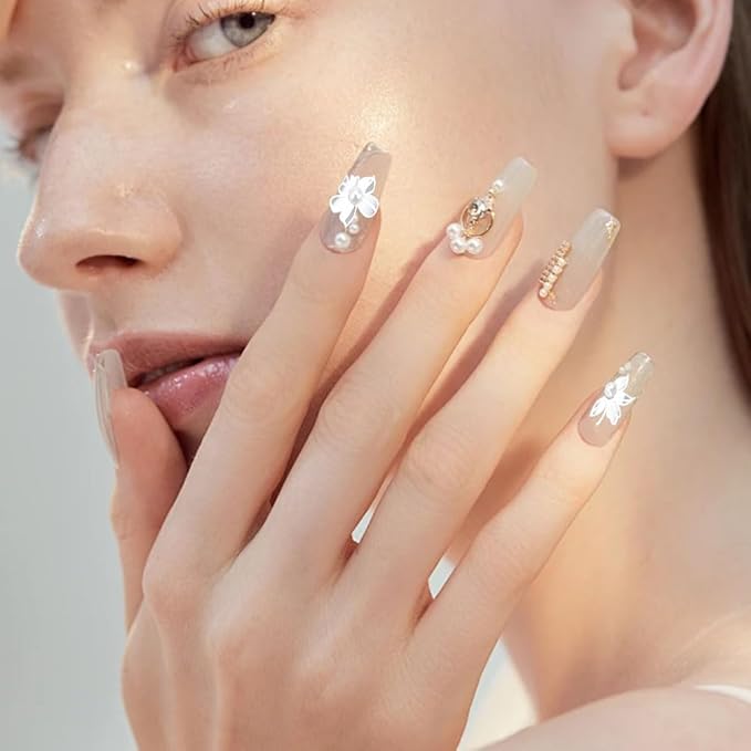 2 Sheets 5D Embossed Flower Nail Stickers, White Floral Self-Adhesive Pearls Nail Art Decals for Women Girls Salon Home DIY Manicure Decoration