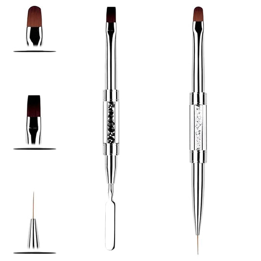 2PCS Professional Nail Art Brushes Set – Dual-Ended French Manicure &gel brush Gel Liner Brush with Rhinestone Handle,nail stamping Acrylic Nails & Home Nail Design gel brush