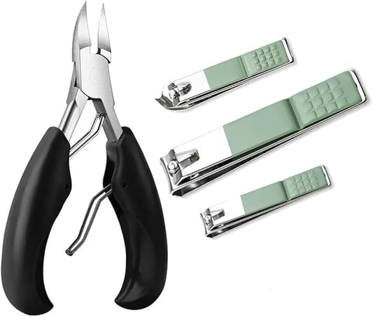4Pcs Professional Nail Clippers Set, Ultra Sharp Sturdy Fingernail Clipper and Heavy Duty Toe Nail Clippers Adult Thick Nails Long Handle (Green)