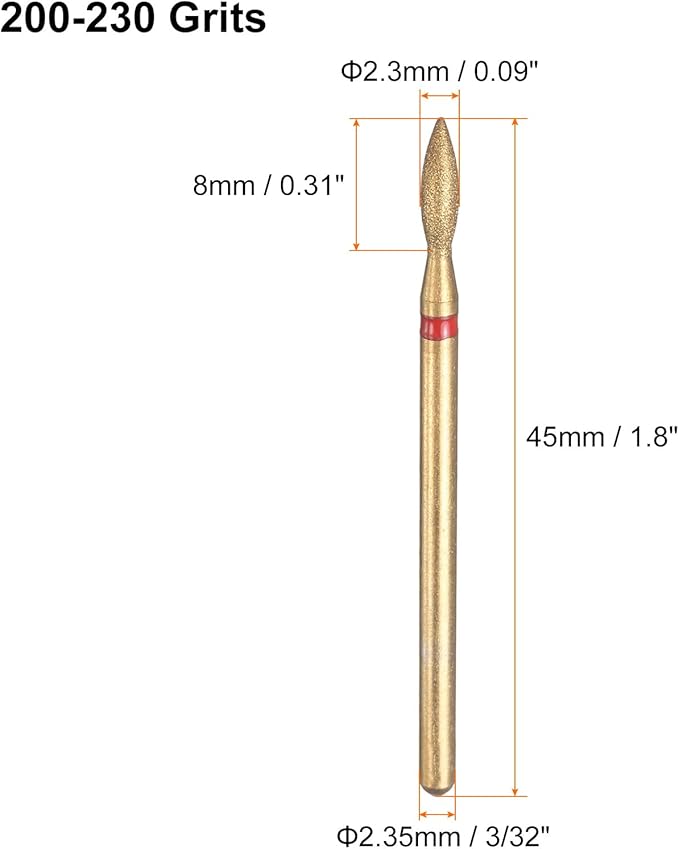 HARFINGTON 8pcs 200-230 Grits Diamond Grinding Bit 2.3mm Oval Head 2.35mm Shank 8mm Length Titanium Plated Stone Sanding Drill Bits Rotary Tool for Nails Grinding Polishing