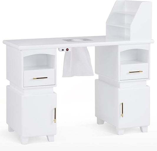 BarberPub Professional Nail Station Desk Manicure Table with Electric Dust Collector, Nail Makeup Desk with Shelves, Storage Beauty Salon Workstation with 4 Drawers Storage Cabinets VC258 (White)