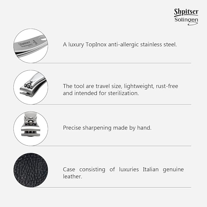 Shpitser Manicure and Pedicure Large Toenail Clipper, German Stainless Steel, Handmade in Solingen Germany, Large, 8cm, Leather Case (Black)