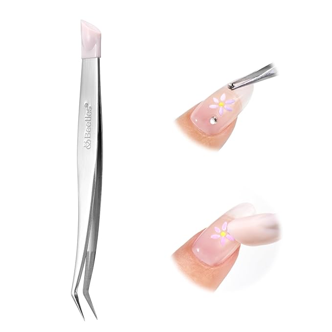 Beetles Professional Sticker Tweezers - Dual Ended Nail Art Tweezer, Curved Tip Pick Up Pearls Rhinestones, Silicone Tip Press Stickers Nail Art Tool Ultra Precision Stainless Steel Nippers