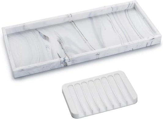 Bloss Small Bathroom Vanity Tray with Soap Dish, 8 x 4 inch Silicone Marble Tray for Kitchen Counter,Toilet Tank Storage,Perfume Trays for Dresser, Jewelry, Candle, Key