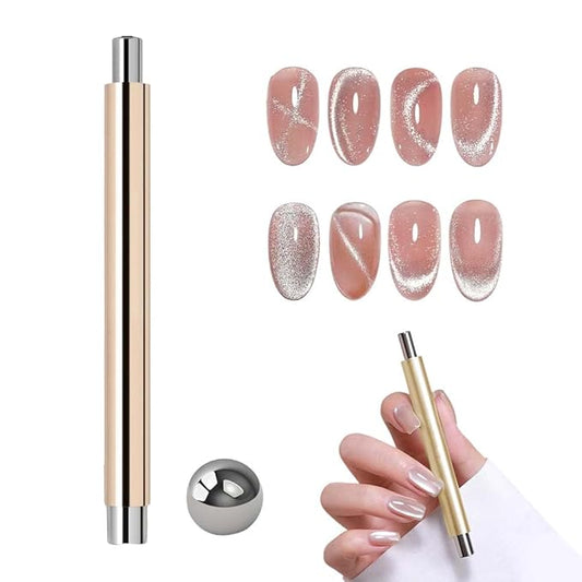 Cat Eye Magnet for Nails, 2026 New Double-head Magnet Wand with Round Nail Magnet Beads Nail Polish Magnet Pen Magnetic Cat Eye Gel Polish Nail Design Tool for Home DIY, Salon, Rose Gold (Glod)