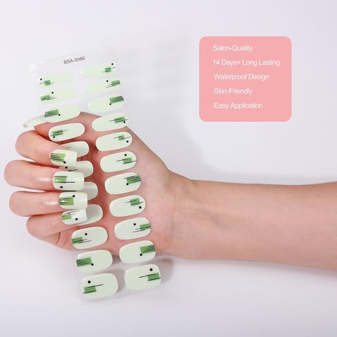 No Lamp Gel Nail Strips 22 Pcs Wraps - Mint Green, Easy Apply Gel Nail Stickers Long Lasting, Salon-Quality, 2 Prep Pads, 1 File, 1 Wooden Stick