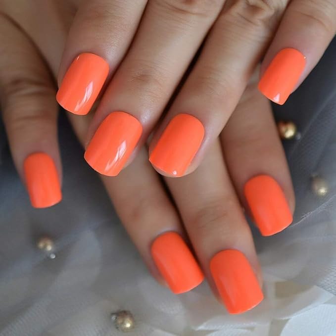 Orange Press On Nails Square, Medium Press On Nails, Glossy Press On Nails, Glue On Nails, Full Cover Fake Nails, Perfect Fit False Nails, Stick On Nails for Women, Orange Nails