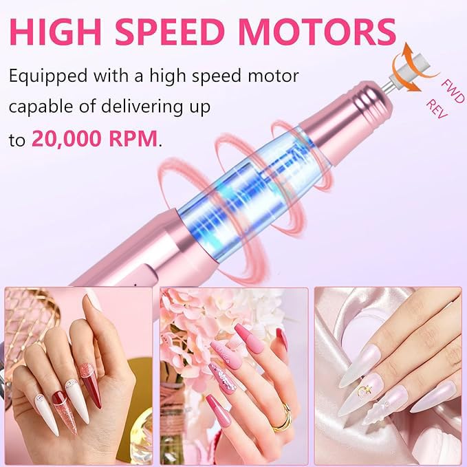 Nail Drill and Dremel - 7-in-1 Portable USB-Powered Nail Care Set with 20000RPM Speed for Gel, Dip Powder, Manicure, Pedicure, Shaping & Polishing, in Elegant Purple (Pink)