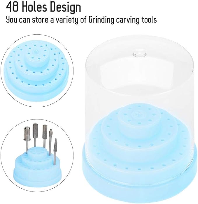 Nail Drill Bit Holder, 48 Holes Stand Display Organizer Box with Plastic Nail Art Accessories(Blue)