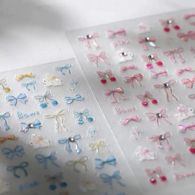 2 Sheets Bow Nail Art Stickers Glitter Pink Blue Bows Nail Art Decals 3D Self-Adhesive Cute Bow Nails Sticker Acrylic DIY Decoration Supplies Charms for Women and Girls