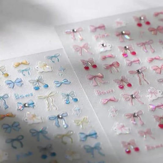2 Sheets Bow Nail Art Stickers Glitter Pink Blue Bows Nail Art Decals 3D Self-Adhesive Cute Bow Nails Sticker Acrylic DIY Decoration Supplies Charms for Women and Girls