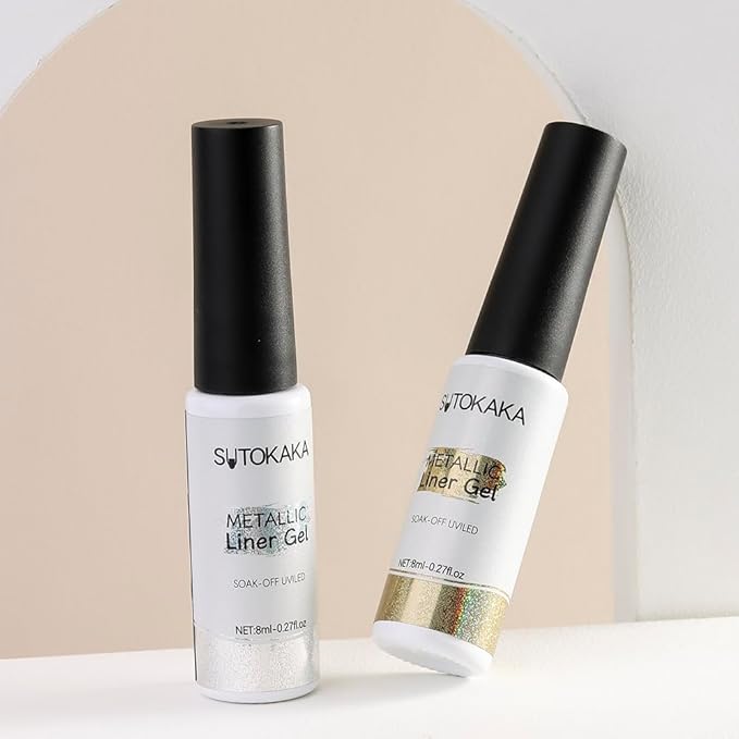 Gel Nail Polish Liner Set 2pcs 8ml Reflective Glitter Silver Gold Gel Nail Polish for Painting Drawing Line Swirl French Nail Design Build in Thin Brush Soak Off UV/LED Manicure Set