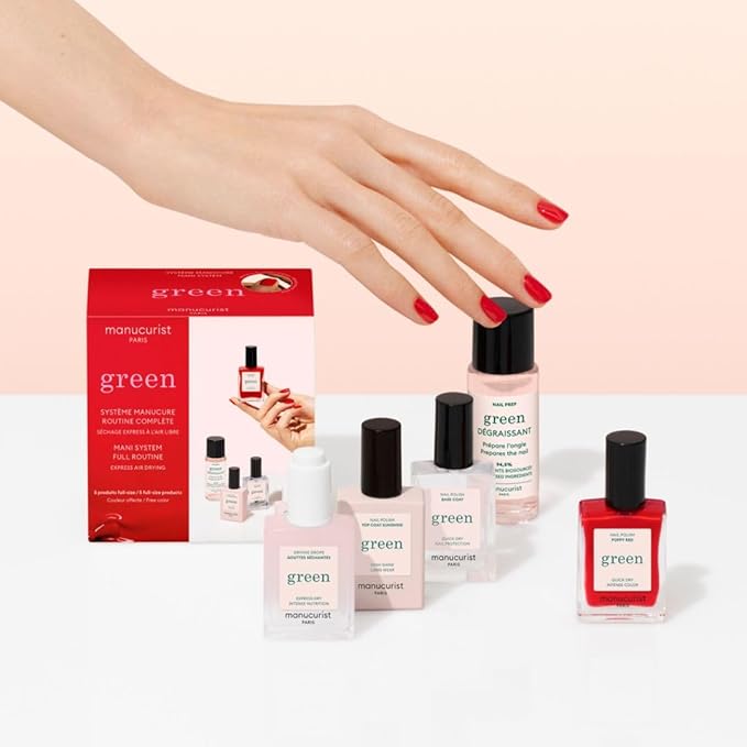 Manucurist System Green™ (Poppy Red) - Professional Manicure Gift Set, Vegan : 1 Nail Prep, 1 Base Coat, 1 Poppy Red Nail Polish, 1 Top Coat, Drying Drops -Christmas Gifts for Women - Gifts for Her