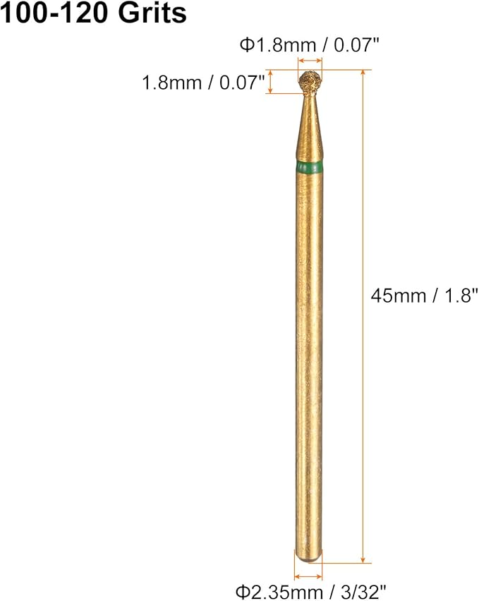 HARFINGTON 6pcs 100-120 Grits Diamond Grinding Bit 1.8mm Ball Head 2.35mm Shank 1.8mm Length Titanium Plated Stone Sanding Drill Bits Rotary Tool for Nails Grinding Polishing