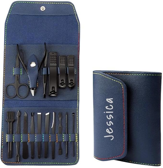 Custom Manicure and Pedicure Set, Customize Nail Care Kit with Nail Clippers, Cuticle Trimmer, Tweezers, Metal File, Pedicure Tools for Home, Travel or Christmas Birthday Gift Use (Black)