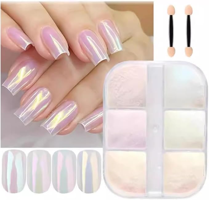 6 Colors White Pearl Chrome Nail Powder Mirror Effect Aurora Magic White Pearlescent Chrome Powder for Gel Nails, Iridescent Nail Powder Glitter for Nail Art Decoration