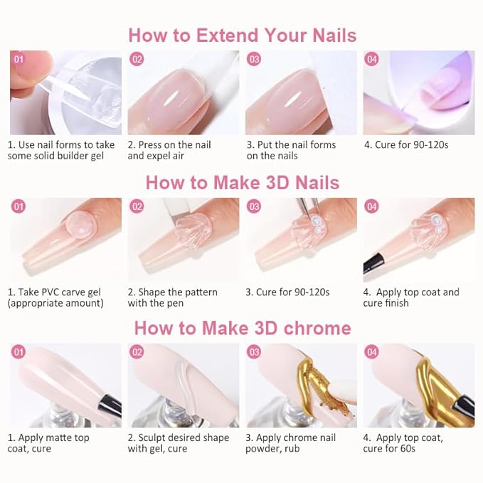 Chrome Nail Powder and Solid Builder Gel Kit BISHENGYF: 30g 4 In 1 No Wipe 3d Sculpting Nail Gel Aurora Pink White Pearl Chrome Nail Powder Clear Non-Sticky Hand Extension Glue for Nail Decoration