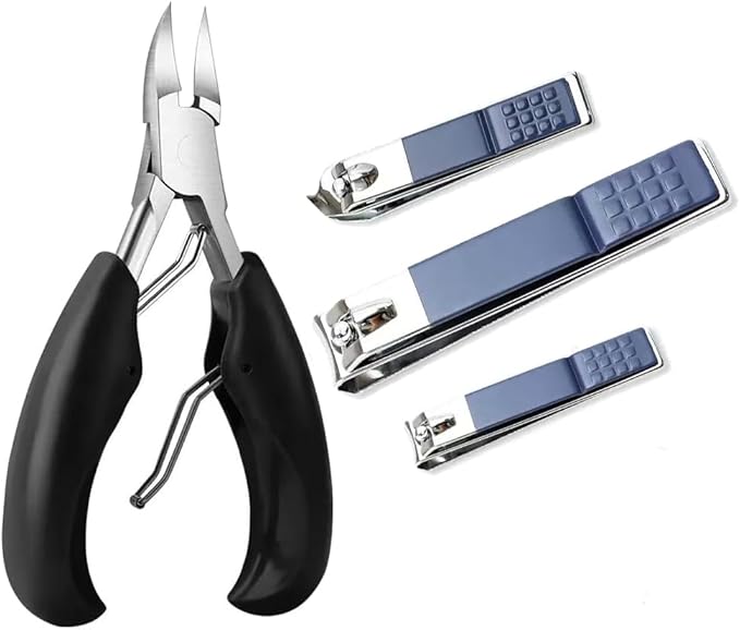 4Pcs Professional Nail Clippers Set, Ultra Sharp Sturdy Fingernail Clipper and Heavy Duty Toe Nail Clippers Adult Thick Nails Long Handle (Blue)