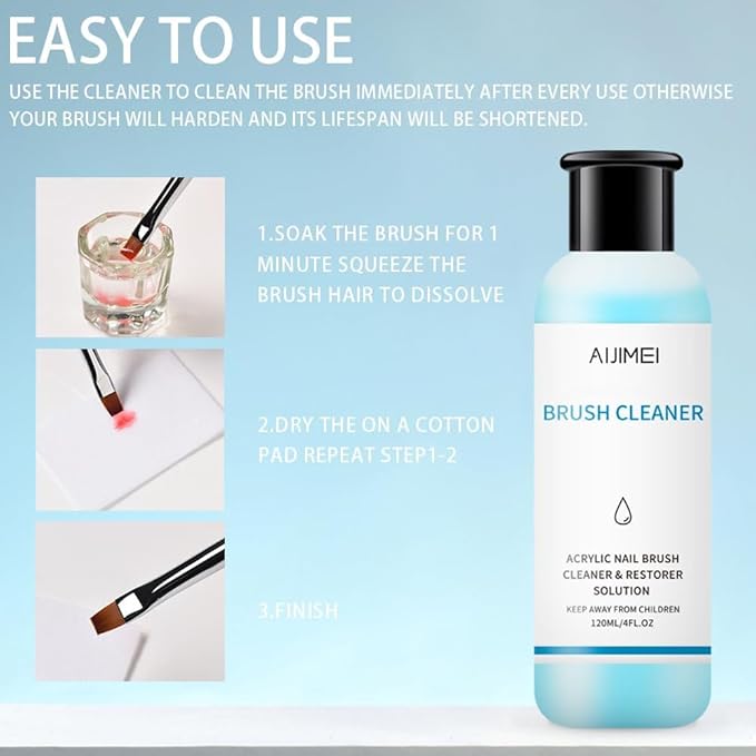 AIJIMEI Nail Brush Cleaner - 4oz Gel Solution for Preserving & Restoring Nail Art Brushes - Includes Glass Cup & Cleaning Cotton Pads - Effective Manicure Brush Cleaning Set (120ml)
