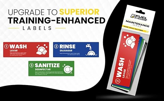 [Enhanced] Wash Rinse Sanitize Sink Labels | 3 Compartment Sink Stickers | Training Labels for Dishwashing | Food Service, Restaurant, Commercial Kitchen (1 Set: 6 x 2 in)