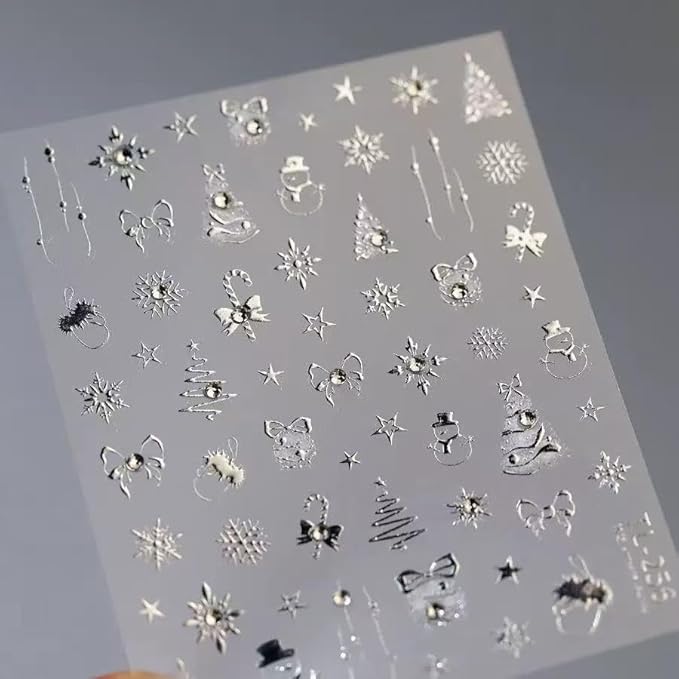 Christmas Nail Art Stickers 5D Embossed Gold Silver Elk Nail Stickers Self-Adhesive Rhinestone Snowflake Bow Xmas Tree Star Elk Nail Decals for Women Girls Winter Holiday Manicure 2 Sheets