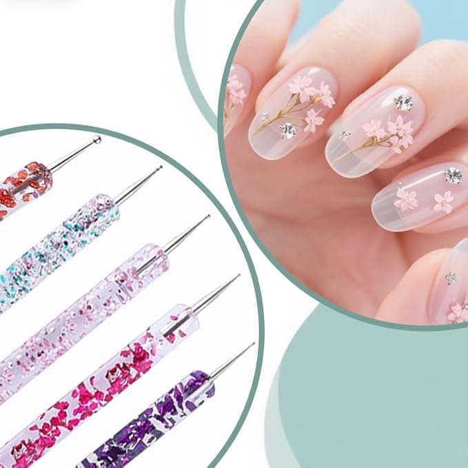 Nail Dotting Tools 8 Pcs Kit - 5PCS Nail Dotting Pens with 3 PCS Nail Painting Brushes, Double Ended Brush and Dotting Tool Kit, Nail Art Design Tools
