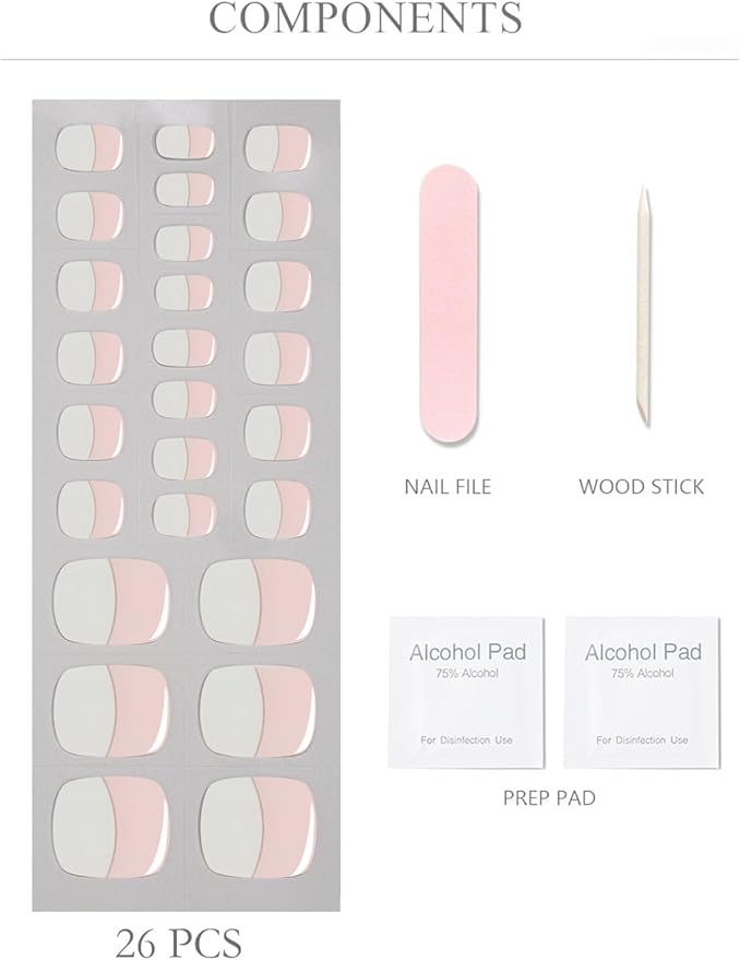 Semi Cured Gel Toenail Strips, 26 French Gel Toe Nail Stickers, Works with Any UV Lamps