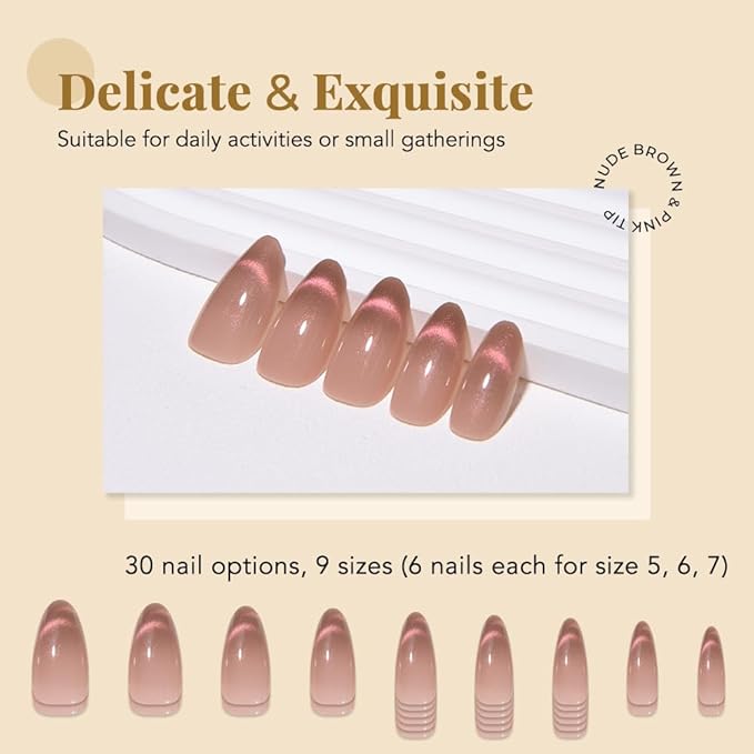 evpct Nude Brown Cat Eye Press on Nails Almond Medium, Medium Almond Glue on Nails for Women Gift, Iridescent Pink Smile Curve Metallic Glitter Reusable Gel Press on Acrylic Fake Nail with Designs