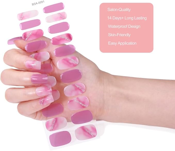 No Lamp Gel Nail Strips 22 Pcs Wraps - Halo Purple, Easy Apply Gel Nail Stickers Long Lasting, Salon-Quality, 2 Prep Pads, 1 File, 1 Wooden Stick