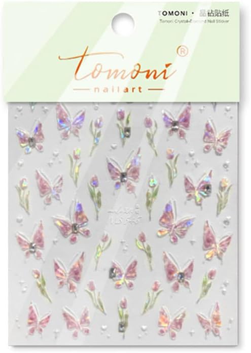 Butterfly Nail Art Stickers Decals Pink Butterfly 5D Embossed Nail Decals Tulip Butterfly Nail Charms Designs Adhesive Sticker Manicure Accessories for Women Girls DIY Nail Art Decorations Supplies
