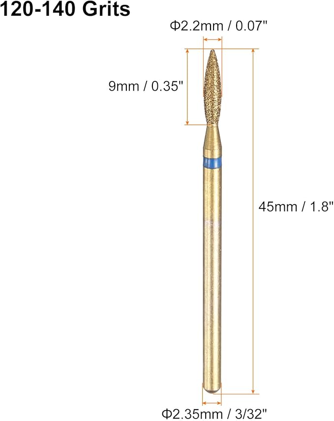 HARFINGTON 8pcs 120-140 Grits Diamond Grinding Bit 2.2mm Oval Head 2.35mm Shank 9mm Length Titanium Plated Stone Sanding Drill Bits Rotary Tool for Nails Grinding Polishing