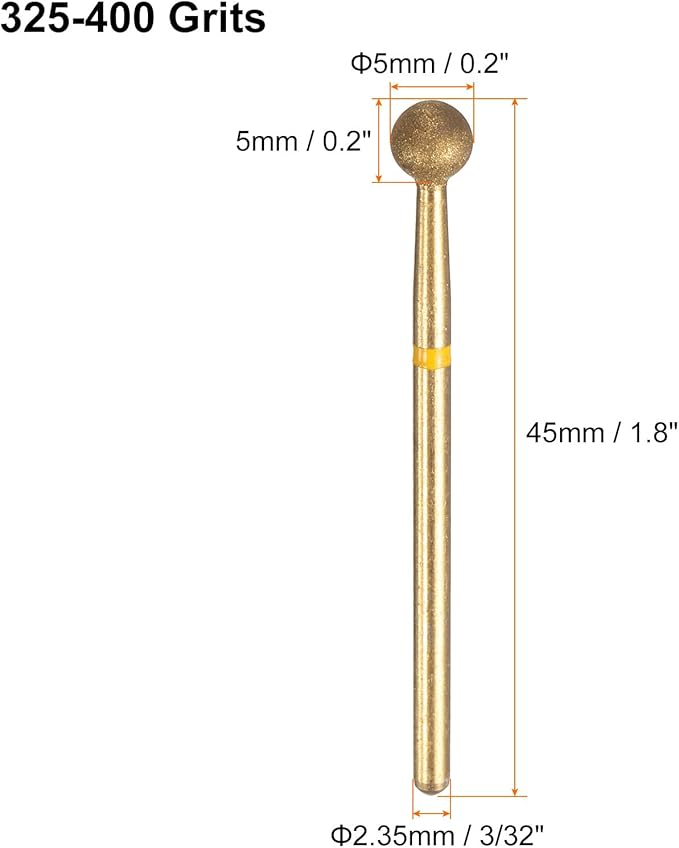 HARFINGTON 6pcs 325-400 Grits Diamond Grinding Bit 5mm Ball Head 2.35mm Shank 5mm Length Titanium Plated Stone Sanding Drill Bits Rotary Tool for Nails Grinding Polishing