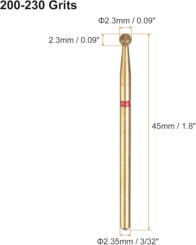 HARFINGTON 6pcs 200-230 Grits Diamond Grinding Bit 2.3mm Ball Head 2.35mm Shank 2.3mm Length Titanium Plated Stone Sanding Drill Bits Rotary Tool for Nails Grinding Polishing