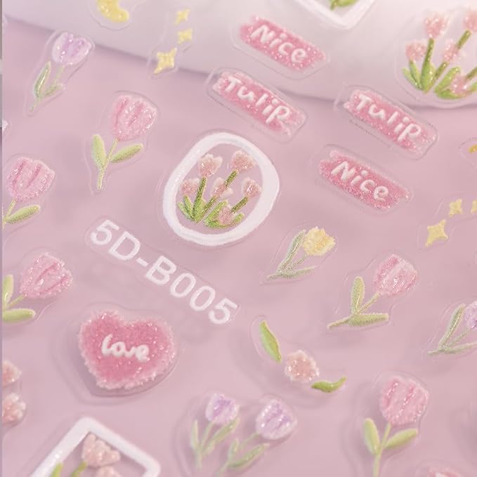 3D Embossed Nail Stickers - Pink Tulip Design, Cute Fresh Self-Adhesive Nail Art Decals for Women Girls A Set of 1 Sheets
