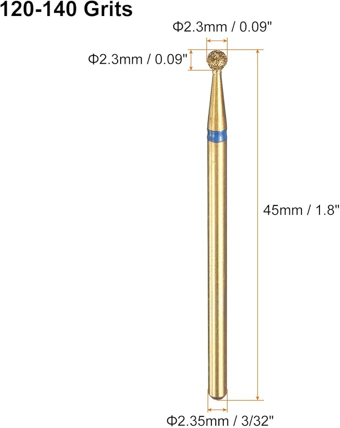 HARFINGTON 6pcs 120-140 Grits Diamond Grinding Bit 2.3mm Ball Head 2.35mm Shank 2.3mm Length Titanium Plated Stone Sanding Drill Bits Rotary Tool for Nails Grinding Polishing