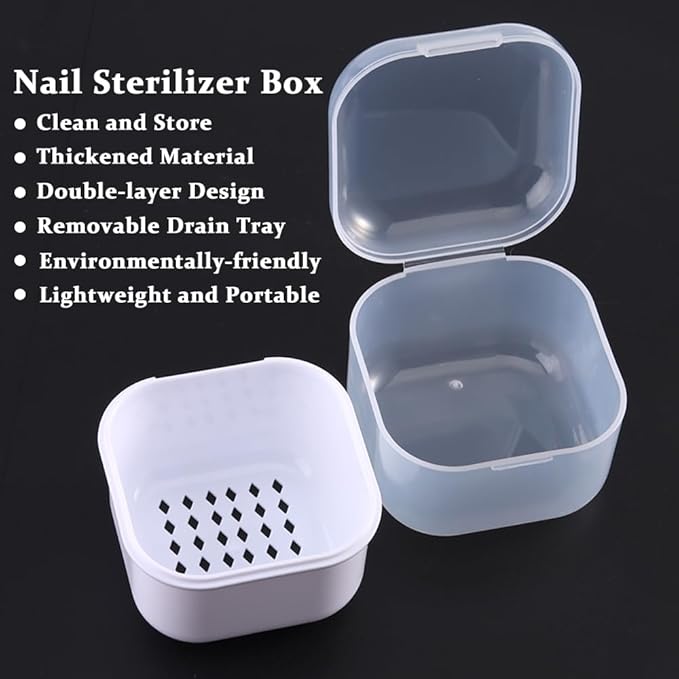Nail Tool Sterilizer Box Plastic Sterilization Tray for Nail Art Accessories Tools, Portable Nail Drill Bits Disinfectant Container Soaking Box with Strainer Pedicure Manicure Cleaning Equipment