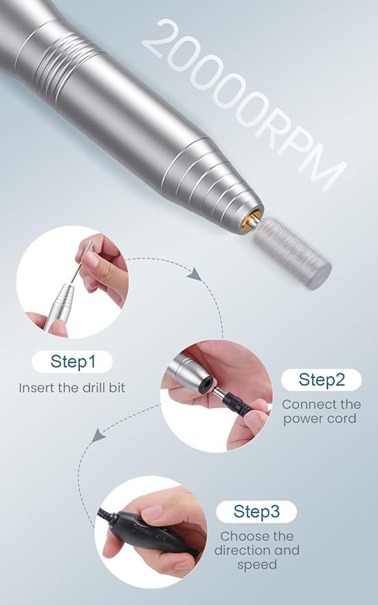 Nail Drills for Acrylic Nails Professional, Portable Electric Nail Filer Kit for Gel Nail with 6 PCS Nail Drill Bits and Sanding Bands Manicure Pedicure Polishing Shape Tools for Home Salon Silvery