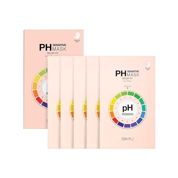 SAM’U PH Sensitive Relief Fit Face Mask – Redness-Reducing & Calming Vegan Sheet Mask with 5 Cica Complex and Tea Tree, Soothing Travel-Friendly Korean Skincare (5 Sheets)