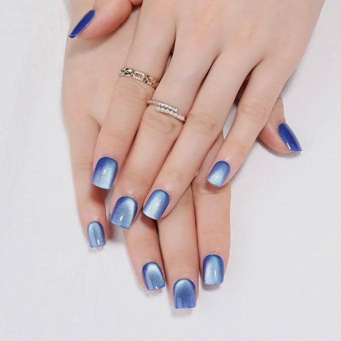 evpct Blue Cat Eye Extra Short Press on Nails Square, Petite Short Square Glue on Nails for Women Gift, Light Sky Blue Metallic Glitter Glossy Reusable Gel Press on Acrylic Fake Nail with Designs
