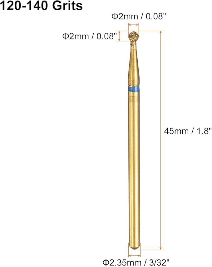 HARFINGTON 6pcs 120-140 Grits Diamond Grinding Bit 2mm Ball Head 2.35mm Shank 2mm Length Titanium Plated Stone Sanding Drill Bits Rotary Tool for Nails Grinding Polishing