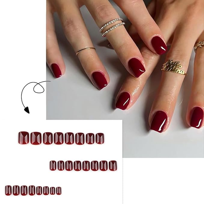 Wine Red Press on Nails Short Square, Burgundy Glossy Fake Nails Kit, Fashion Glossy Acrylic Press on Nails, Natural Stick on Nails, Thick Reusable Glue on Nails Short Press on Nails for Women, 24Pcs