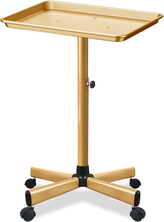 Salon Tray, Gold Salon Rolling Tray, Height-Adjustable, Also Use as Tattoo Tray and Dental Tray（Golden）