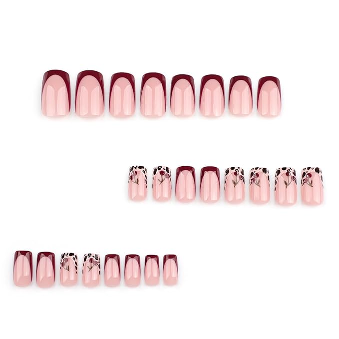 French Press On Nails Short Square, Pink Fake Nails with Leopard French Tips and Cherry Garnish Designs, Glossy Gel Finish Acrylic Press On Nails, Thick Natural Glue On Nails Kit, Leopard Cherry