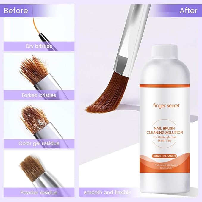 Nail Brush Cleaner Brush Cleaner 4fl.oz 120ml Remover Cleanser Clean and Care Acrylic Nail Brushes Gel Nail Polish Brushes Nail Brushes 50 cotton flakes crystal glass NailS Tech Supplies