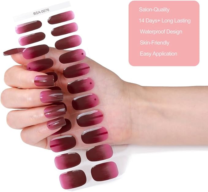 No Lamp Gel Nail Strips 22 Pcs Wraps - Gradient Red, Easy Apply Gel Nail Stickers Long Lasting, Salon-Quality, 2 Prep Pads, 1 File, 1 Wooden Stick