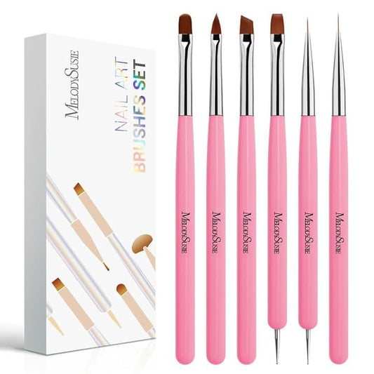 MelodySusie Nail Art Brushes Set,6pcs Nail Art Design Pen Painting Tools with Extension Gel Brush, Polish Brush, Builder Brush,Liner Brush, Carved Brush, and Dotting Pen for Home DIY Salon Use