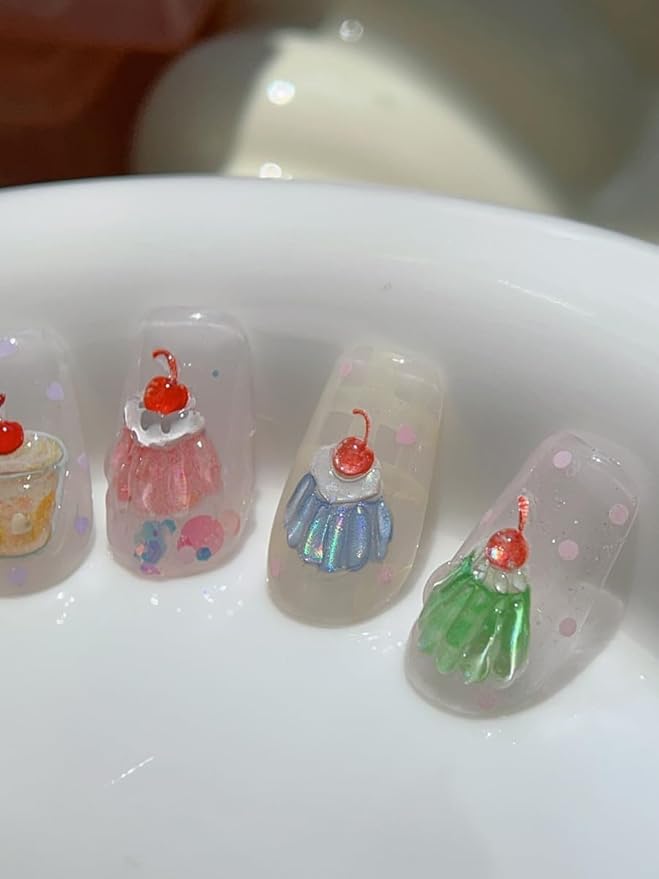 Sweet Desserts Nail Stickers 5D Embossed – Premium Salon-Quality Nail Charm Accessories, Easy Application & Self-Adhesive Cherry Cake Bowknot for DIY Manicure, Nail Art, Press on, Home or Salon Use