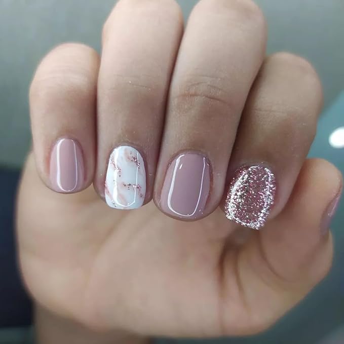 Press on Nails Short Square, Light Purple Fake Nails Kit with Silver Glitter Designs, Glossy Acrylic Press on Nails, Thick Reusable Glue on Nails Short Press on Nails for Women, Gleaming Lilac
