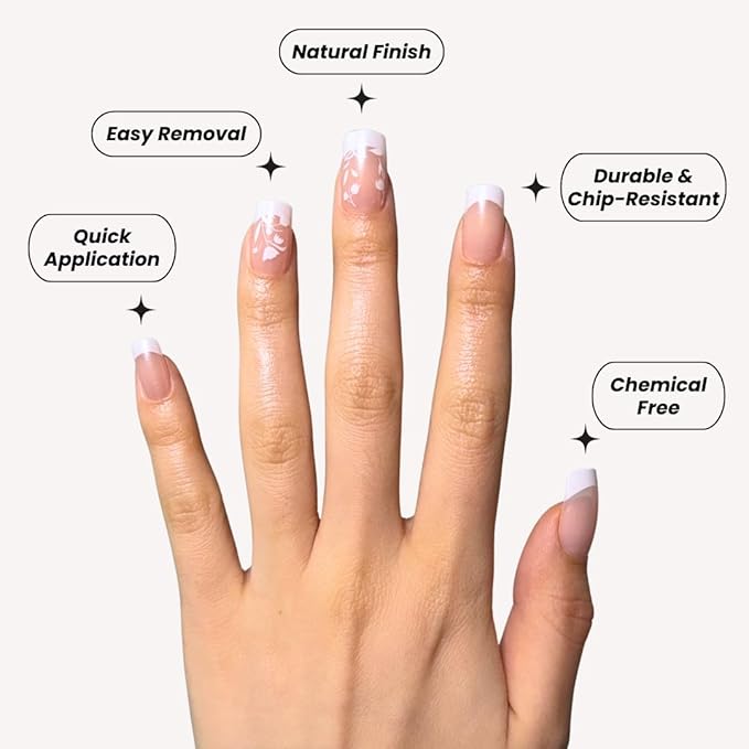Perfect Look Press On Nails - Floral French | No Glue One-Day Medium Square Nails, Nude Glossy Nails with Flower Tips - 24 Pcs Nail Kit with Adhesive Tabs