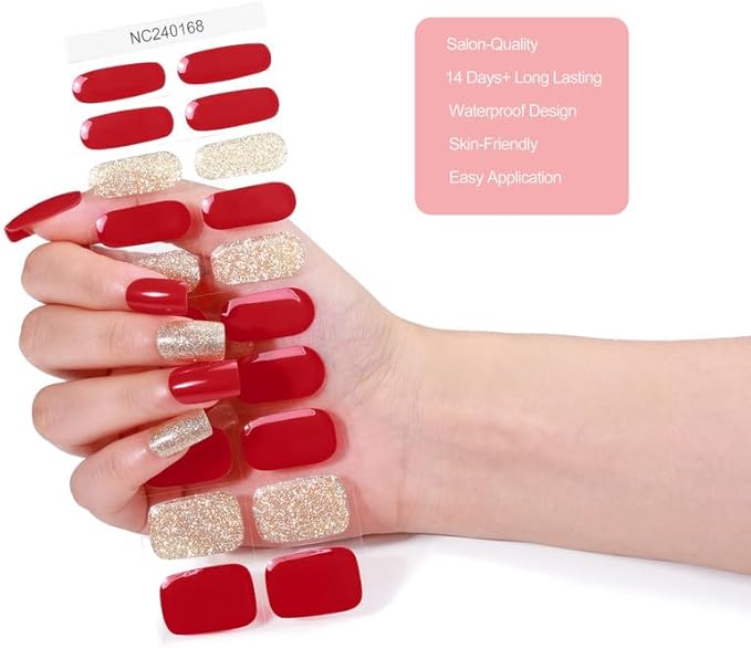 Gel Nail Strips 20 Pcs Wraps - Red Gold Glitter, Easy Apply Gel Nail Stickers Long Lasting, Salon-Quality, 2 Prep Pads, 1 File, 1 Wooden Stick, UV Light Required